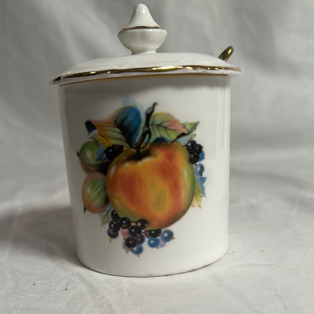 VINTAGE fine bone china Jam Honey Pot a fruit design and gold trim